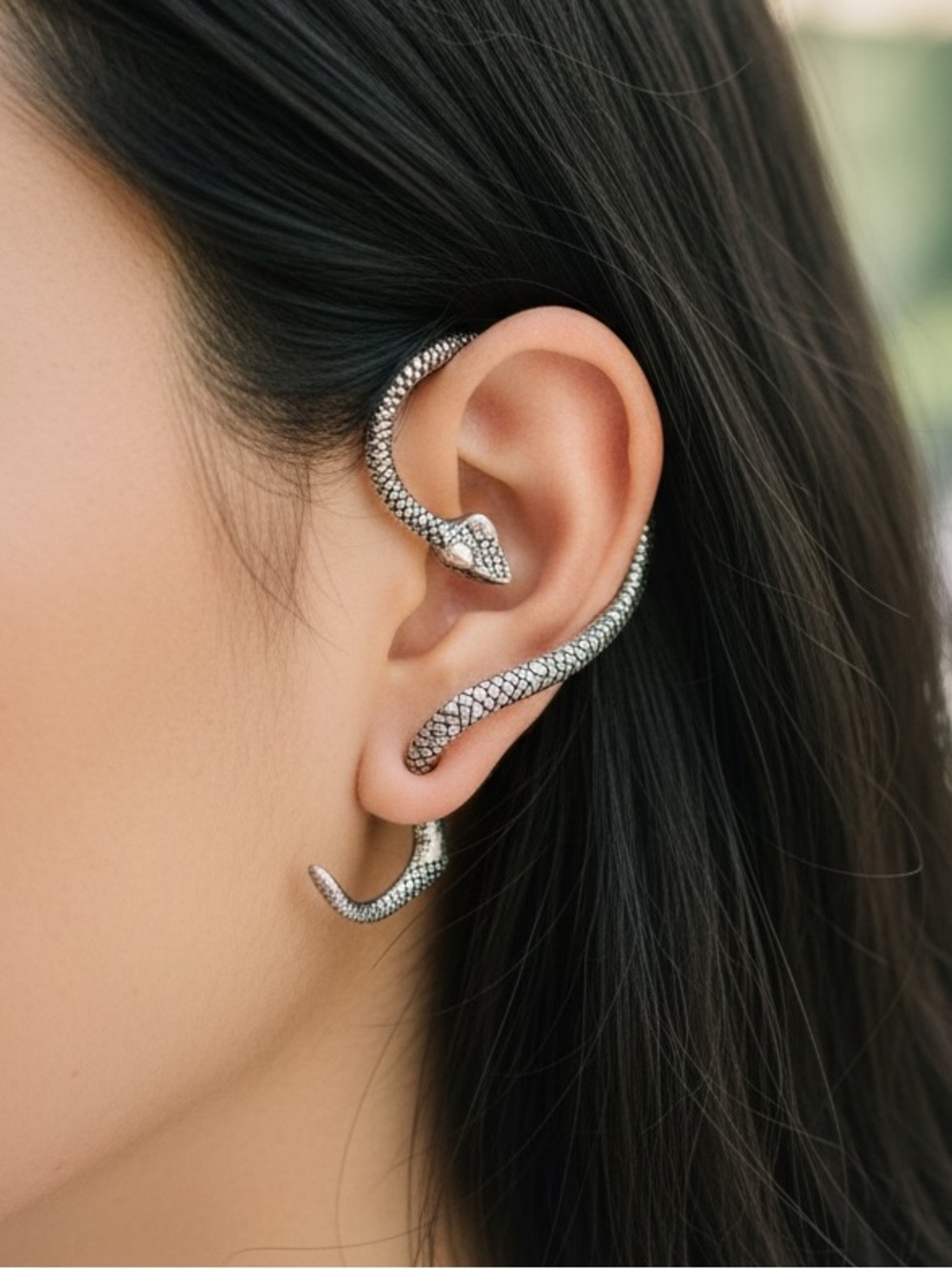 Greek Goddess Wrap-Around Silver Snake Earring - Picture 2 of 6